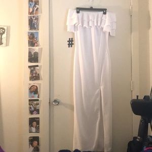 All white off  shoulder dress w/ thigh high split